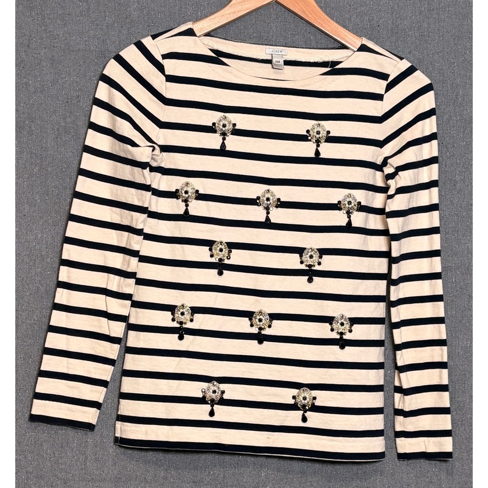 J.Crew Embellished Striped Long Sleeve Tee Cream Navy Blue Cotton Sz XXS